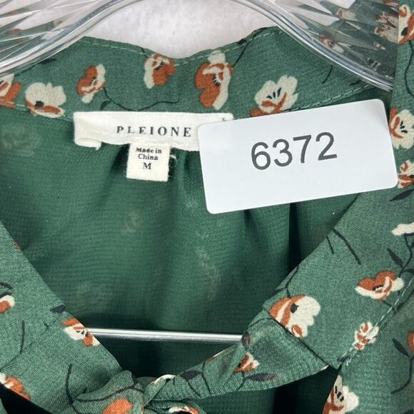 Pleione Blouse Women's Medium Tie Ruffle Neck Sheer Green Floral Long Sleeve - Picture 5 of 10